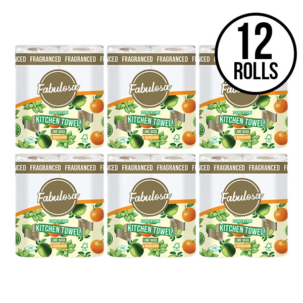 Fabulosa Scented Core Kitchen Roll Towel Lime Basil & Mandarin Fragranced 12 Pack Roll Bundle