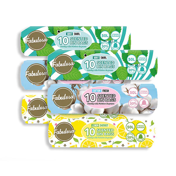 Fabulosa Scented Bin Bags Lemon Sherbet, Mint Swirl, Cotton Fresh 60 Bags 6 Pack Bundle