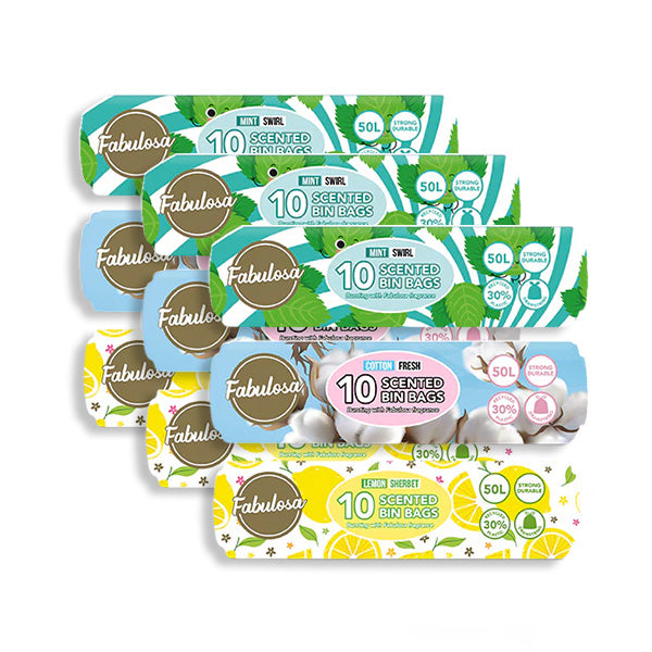 Fabulosa Scented Bin Bags Lemon Sherbet, Mint Swirl, Cotton Fresh 90 Bags 9 Pack Bundle