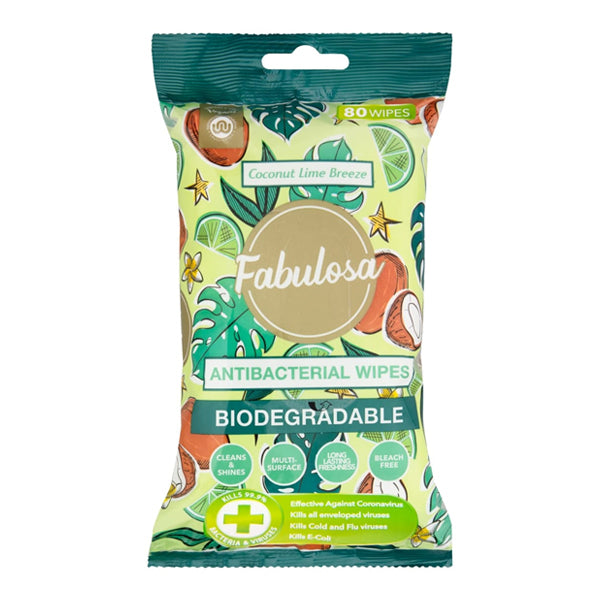 Fabulosa Biodegradable Antibacterial Surface Wipes Coconut Lime Breeze 80 Pack