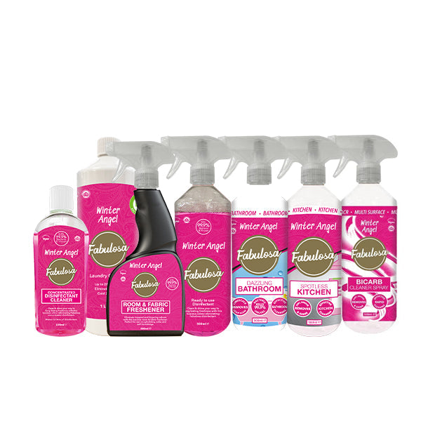 Fabulosa Winter Angel Fragranced Household Cleaning Bundle, Bicarb Spray, Antibacterial Spray, Room & Fabric Freshener, Laundry Cleanser, Concentrated Disinfectant, Kitchen Spray, and Bathroom Spray