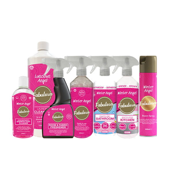 Fabulosa Winter Angel Fragranced Household Cleaning Bundle, Antibacterial Wipes, Antibacterial Spray, Room & Fabric Freshener, Laundry Cleanser, Concentrated Disinfectant, Kitchen Spray, and Bathroom Spray